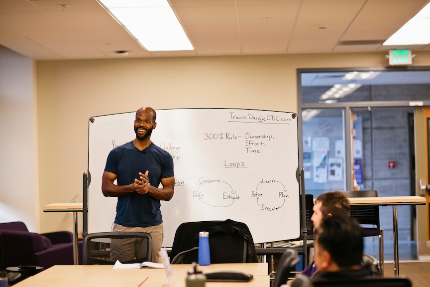 Travis Daigle gives a talk on resilience to a class at University of Washington/Tacoma